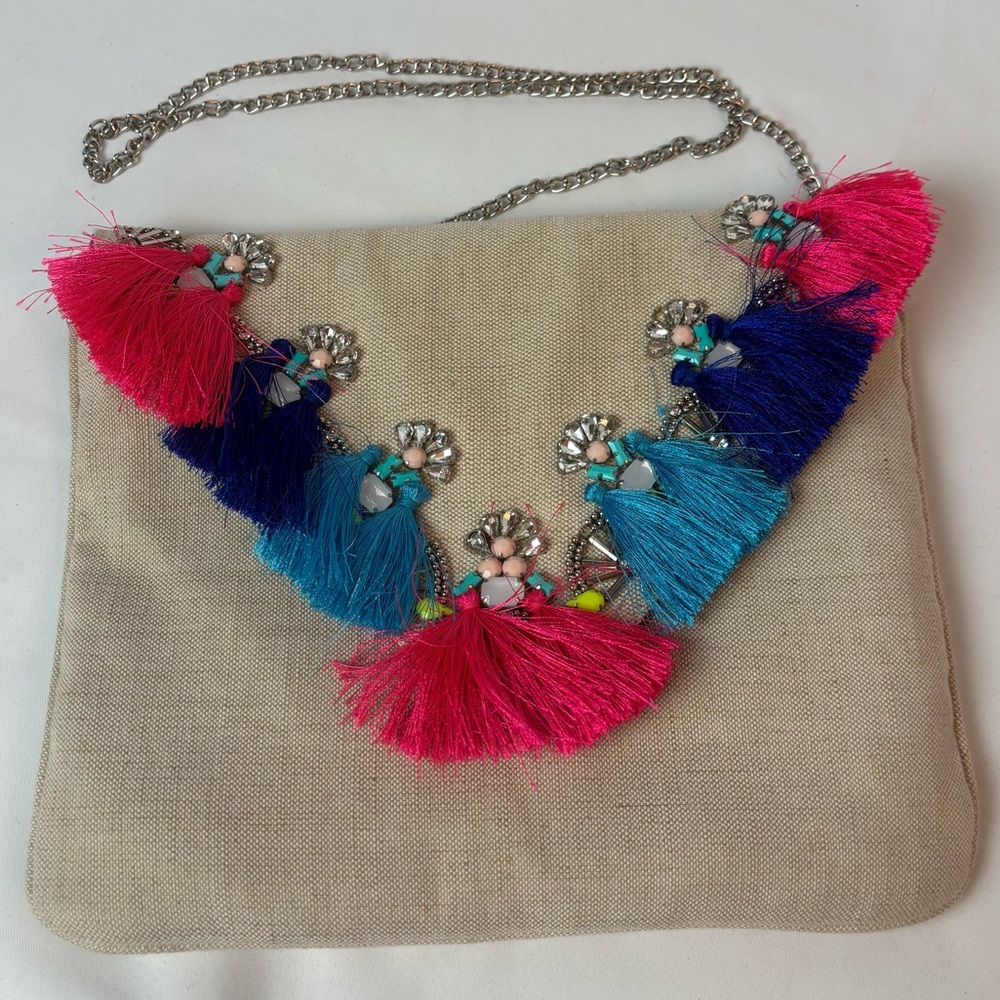 NWOT Steve Madden Crossbody Envelope Clutch Tassels Rhinestones Canvas